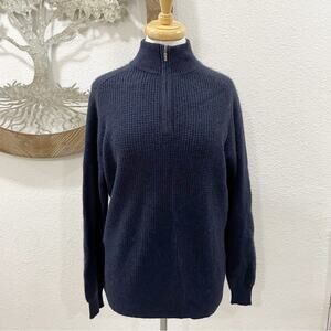 Forte Cashmere 1/4 Zip Mock Neck Ribbed Pullover Sweater Navy Blue Medium